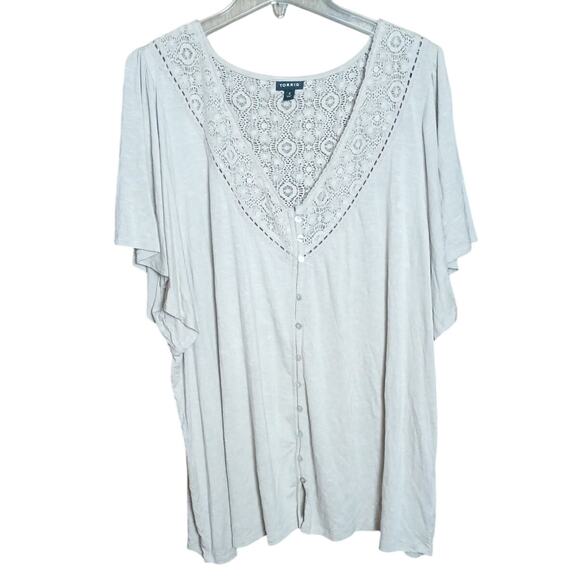 Torrid 4 Women 26W 4x Chateau Gray/ Beige Knit V-neck Lace Insert Button Tee - Picture 2 of 11
